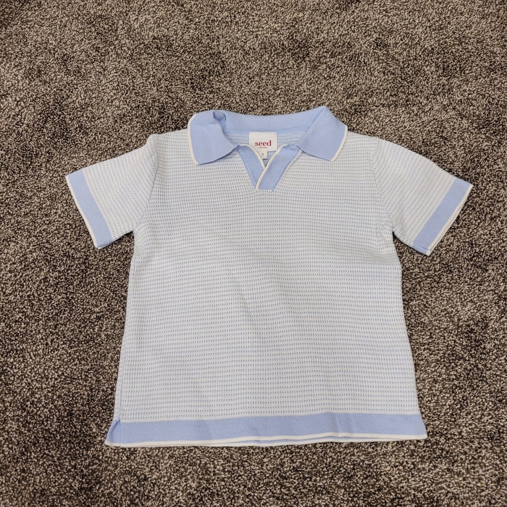 Seed Heritage Kids Light Blue White Textured Knit Polo Shirt Size 2 Short Sleeve